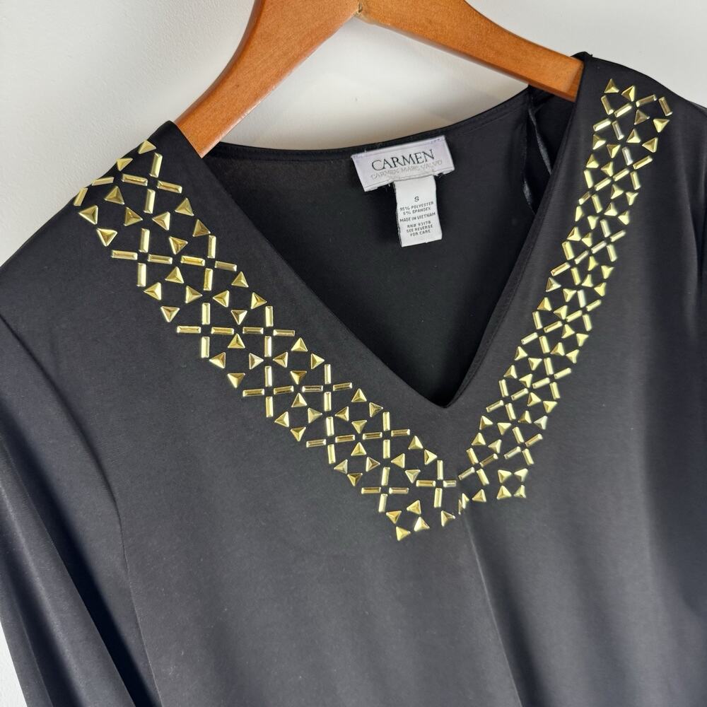 Carmen Marc Valvo Women's V-Neck Stud Front Blouse in black Size S - Picture 2 of 9